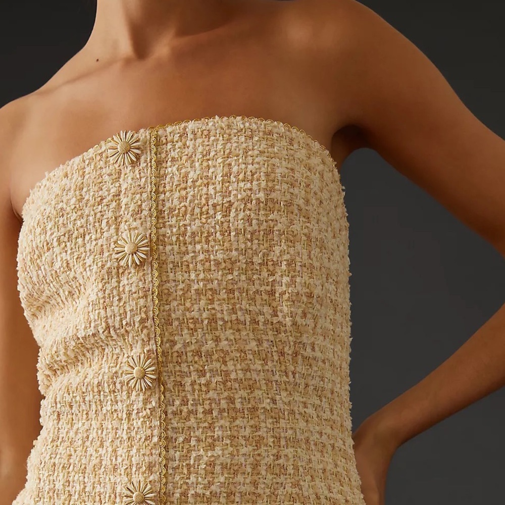 Eva Franco Strapless Tweed Mini Dress with Floral Buttons - Picture 12 of 16
